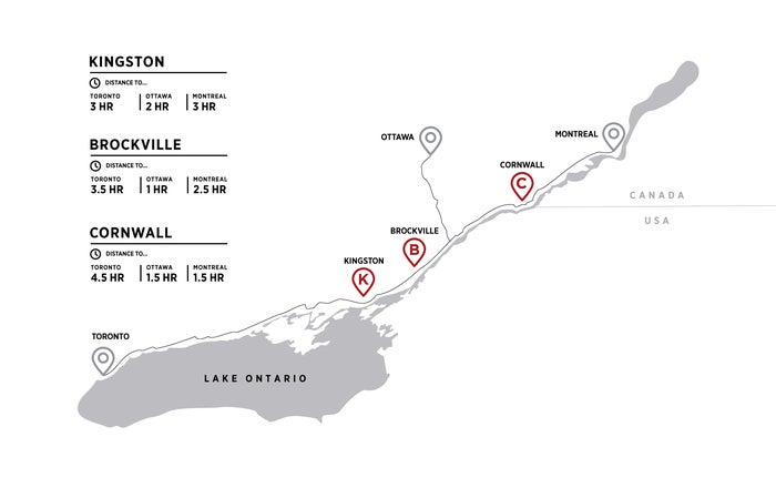 map showing where Kingston, Brockville, and Cornwall are located in Ontario